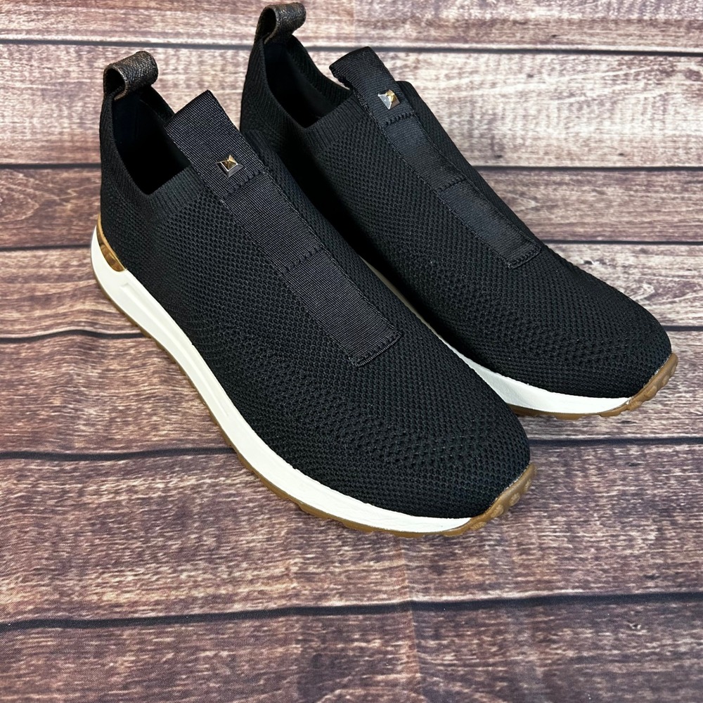 Michael Kors Bodie Slip On Black Knit Sock Sneakers Gold Studded Womens Shoes 9